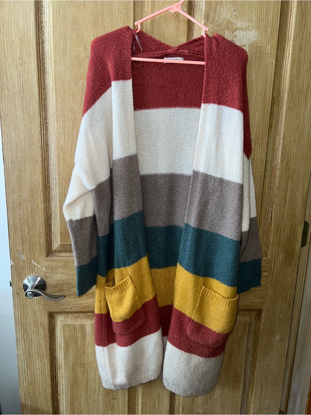 Active USA Striped Hooded Open Cardigan in Rust, Cream, Teal & Mustard size larg